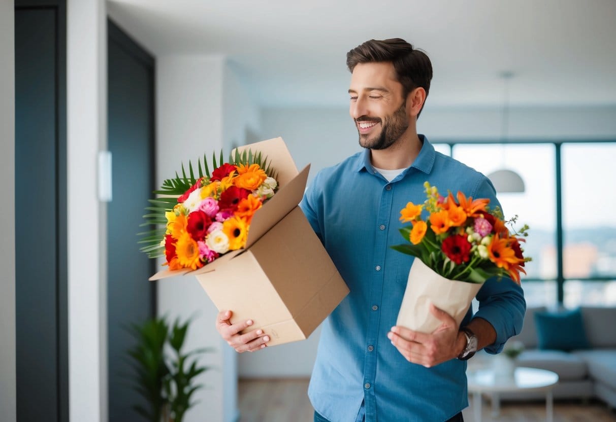A man receiving a surprise delivery of beautiful flowers for any occasion in Danish is:En mand der modtager en overraskelseslevering af smukke blomster til enhver lejlighed